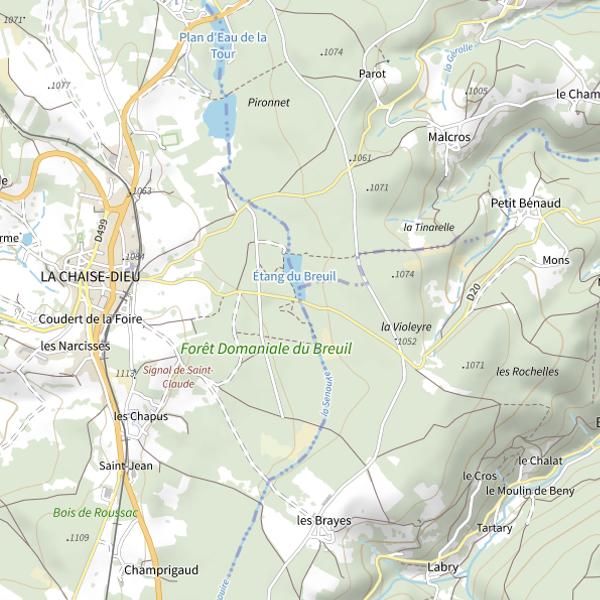 Plan cartographique de 2 Senouire au plan d'eau du Breuil