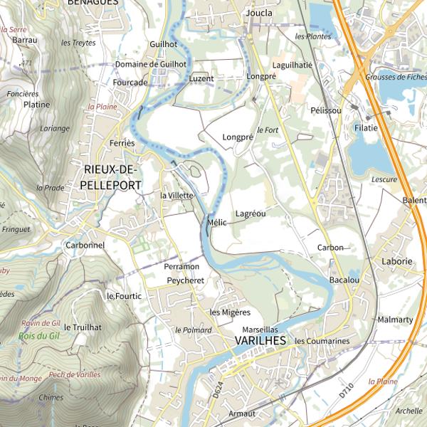 Plan cartographique de Ariège à Rieux de Pelleport