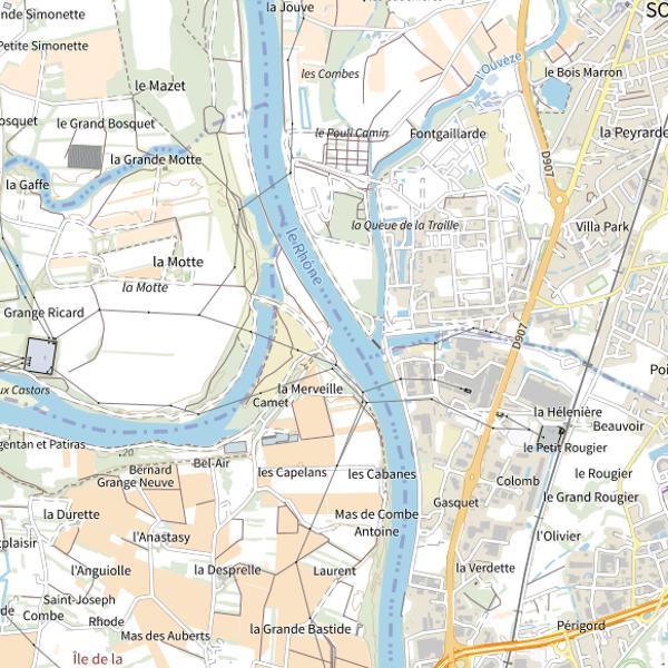 Plan cartographique de Avignon - Av RB6 - Bras d'Avignon face au seuil de l'Ouvèze