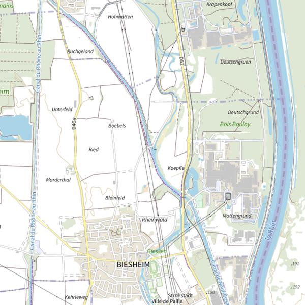 Plan cartographique de Canal de Neuf Brisach vers constellium