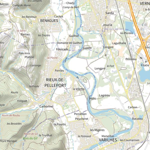 Plan cartographique de Canal Las Mijanes à Rieux de Pelleport