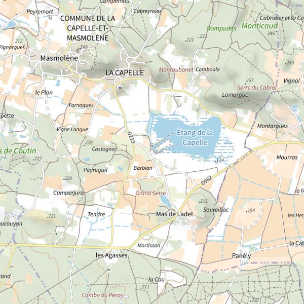 Plan cartographique de Étang de La Capelle et Masmolene