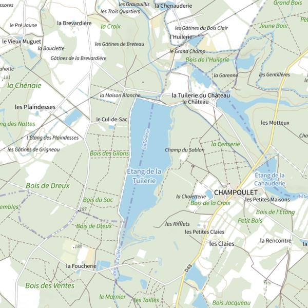 Plan cartographique de Étang de la Tuilerie – Parcours Passion (Breteau / Champoulet)