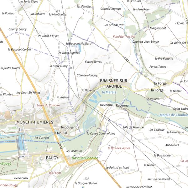 Plan cartographique de Étangs de Braisnes sur Aronde
