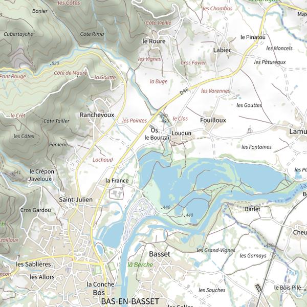 Plan cartographique de Étangs : Mauve Rose et Rouge uniquement