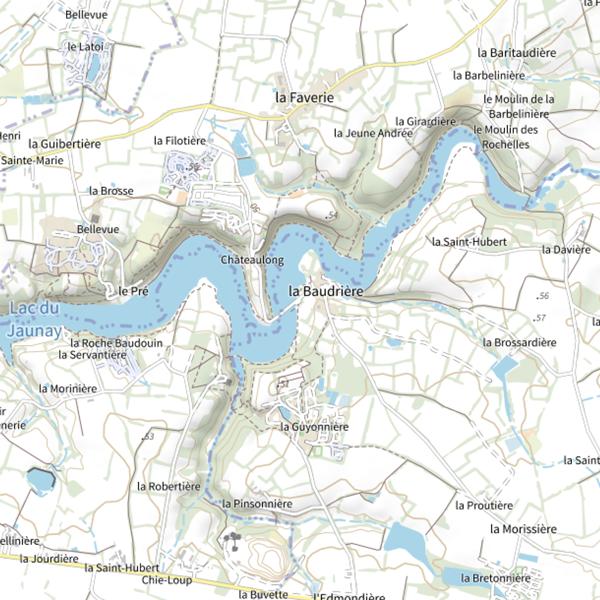 Plan cartographique de La Baudrière,au pont, Le Lac du Jaunay, St Julien-des-Landes