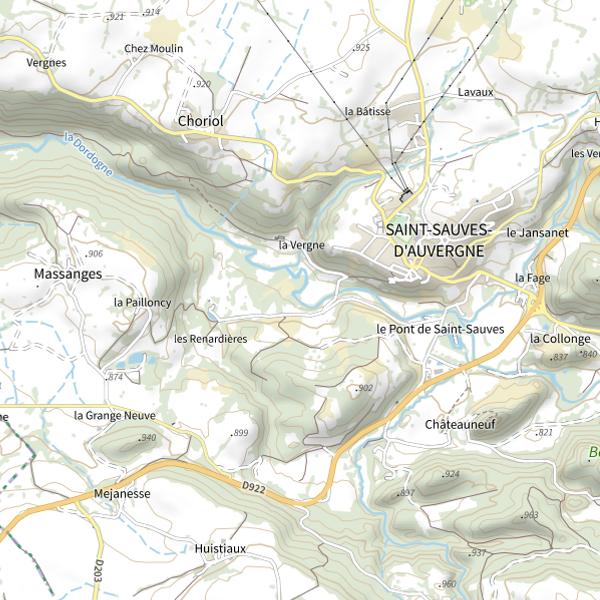 Plan cartographique de La Dordogne en amont des gorges d'Avèze