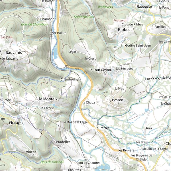 Plan cartographique de La Dore en aval d'Ambert