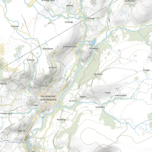 Plan cartographique de La Rhue sous les grandes cascades d'Entraigues