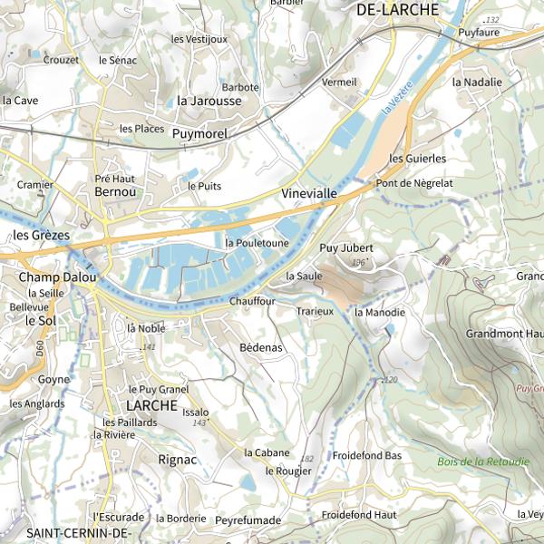 Plan cartographique de La Vézère à Larche
