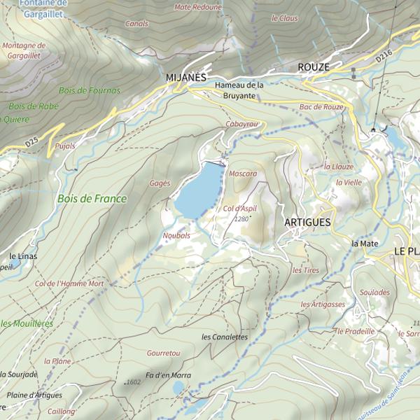 Plan cartographique de Lac de Noubals (Grande Patûre) à Mijanes