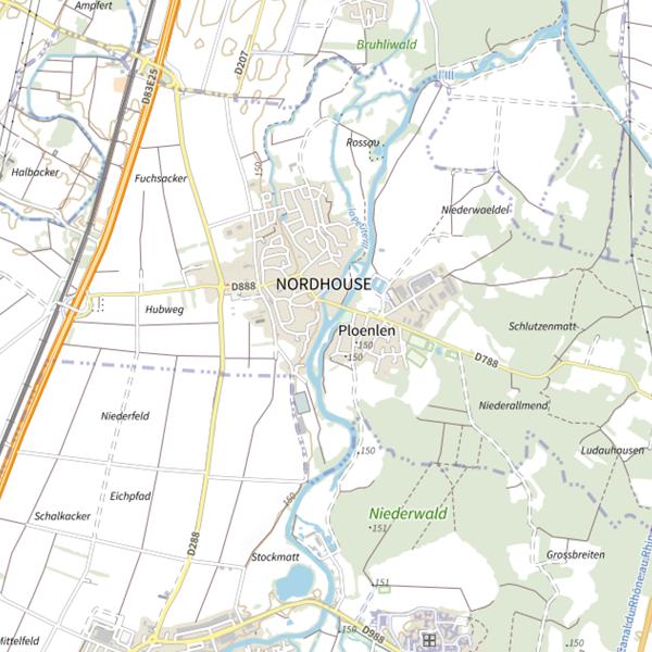 Plan cartographique de Le canal d'amenée du moulin de Nordhouse