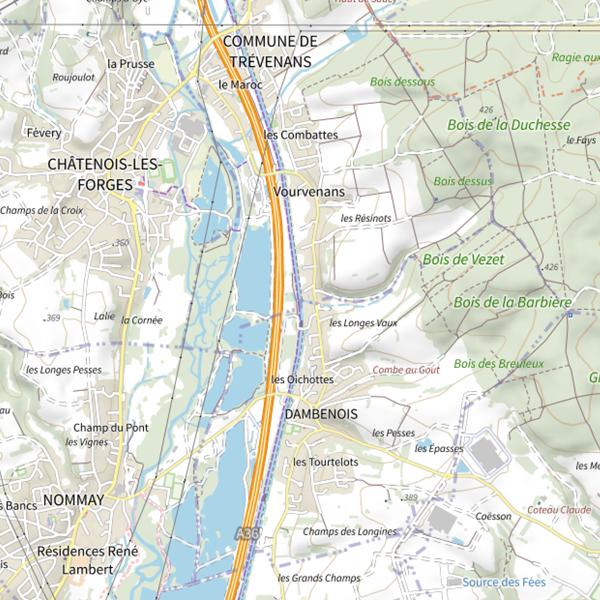 Plan cartographique de Le Canal de Montbéliard à la Haute-Saône