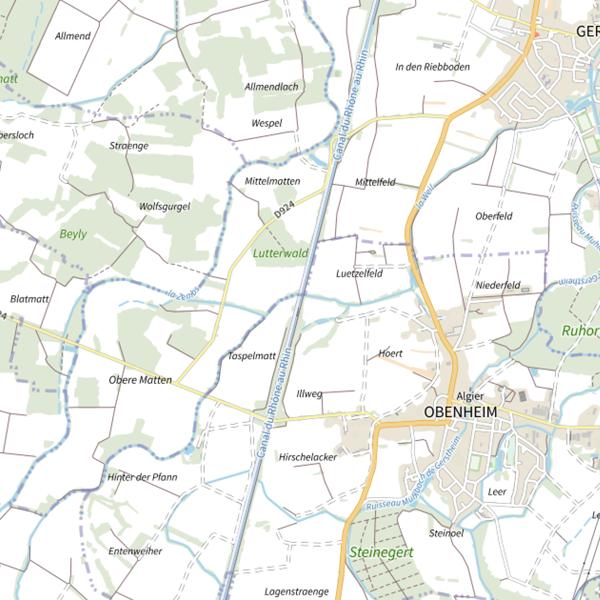 Plan cartographique de Le canal du Rhône au Rhin de Obenheim à Gerstheim