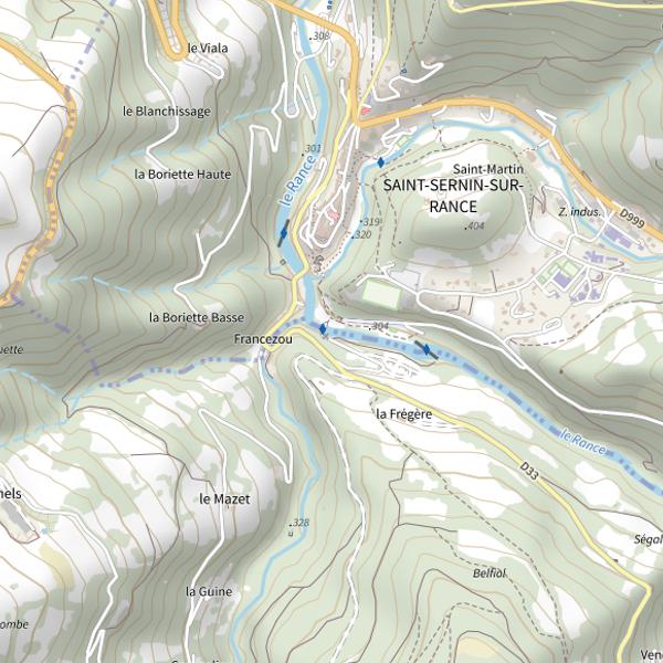 Plan cartographique de Le Rance à la base de loisirs de Saint-Sernin-sur-Rance (lâchers de truites)