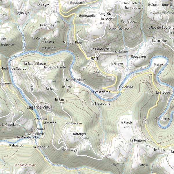 Plan cartographique de Le Viaur à Bor-et-Bar (lâchers de truites)