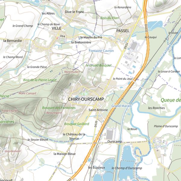 Plan cartographique de Les étangs du champ d'Ourscamp (Chiry-Ourscamp)