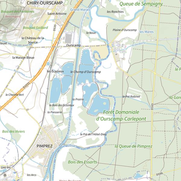 Plan cartographique de Les Étangs du Champ d'Ourscamp (Pimprez)