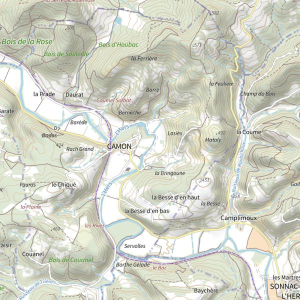 Plan cartographique de L'Hers à Camon