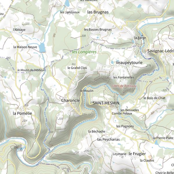 Plan cartographique de Parcours pêche Passion des Gorges de l'Auvézère