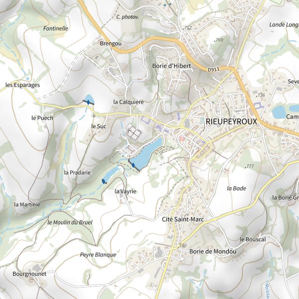 Plan cartographique de Plan d'eau de la Calquière à Rieupeyroux (lâchers de truites- payant)