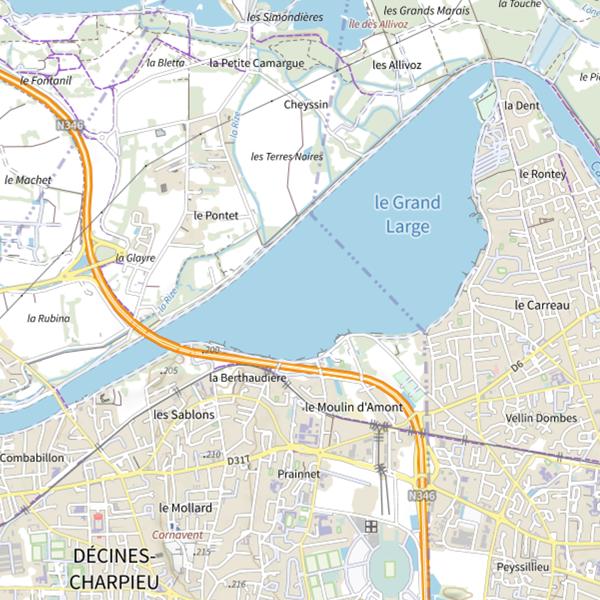 Plan cartographique de Plan d'eau du Grand Large (Décines-Charpieu)