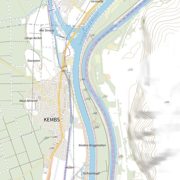 Plan cartographique de Rhin à Kembs