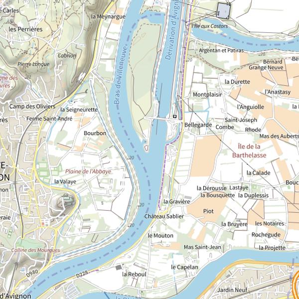 Plan cartographique de Rhône à Avignon du PK232 au PK 247.5