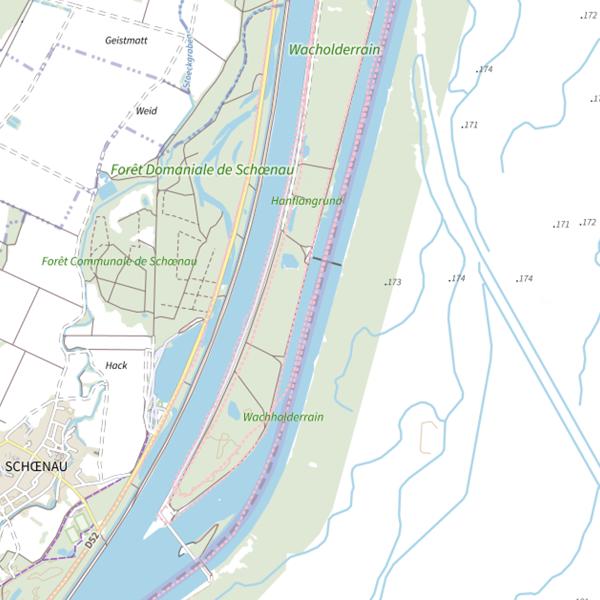 Plan cartographique de Seuil sur le Rhin court-circuité de Rhinau