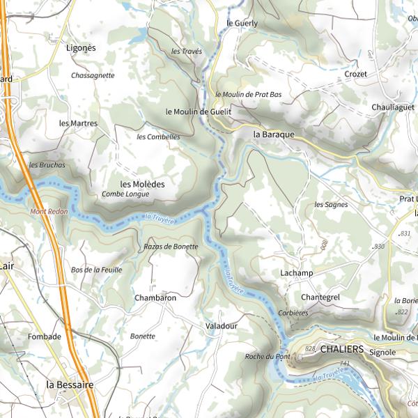 Plan cartographique de Truyère amont, confluence du ruisseau de La Roche jusqu'à 500m en amont
