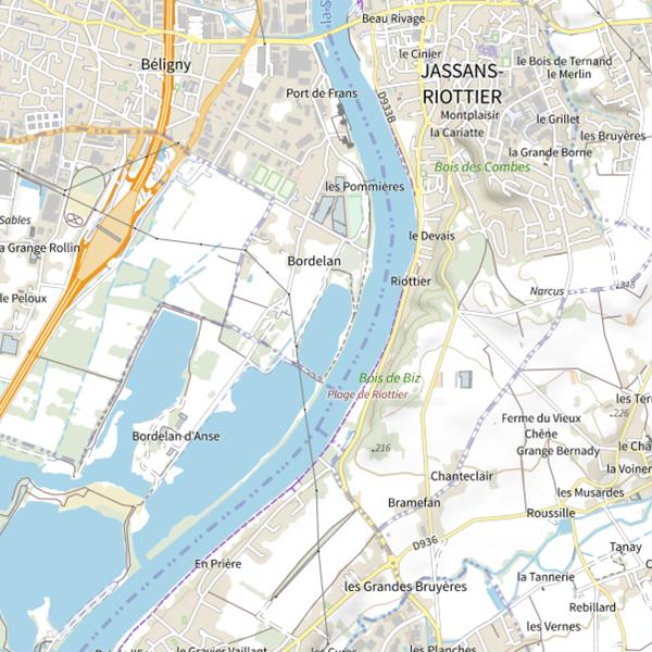 Plan cartographique de Villefranche-sur-Saone Plan d'Eau de Bordelan